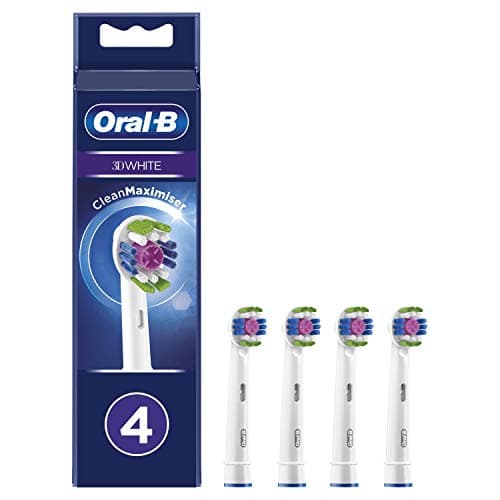 Oral-B 3D White Electric Toothbrush Head with CleanMaximiser Technology, Angled Bristles for Deeper Plaque Removal, Pack of 4, White