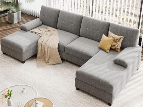 JAMFLY Sectional Sofa Couches for Living Room, Living Room Furniture Sets, 4 Seat U Shaped Sofa Sectional Couch with Chaise, Grey