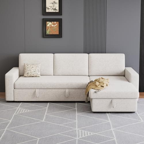FAVSH 81.5" Convertible L Shaped Sleeper Sofa, 3-Seat Pull Out Sectional Couch with Storage Chaise & Removable Cushions, Chenille Fabric for Small Living Room Apartment, Beige 7