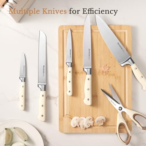 Knife Set,Astercook Kitchen Knife Set with Block 14-Piece Full Tang Stainless Steel Knives with Sharpener Dishwasher Safe and Anti-Slip Ergonomic Handle Elegant Cream White Utensils Set 6