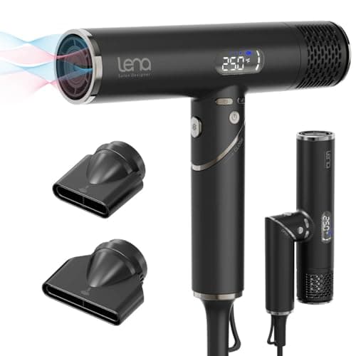 LENA Travel Hair Dryer Powerful Blow Dryer | Ionic Foldable Hairdryer | Lightweight & Fast Drying with High-Speed Brushless Motor, Ion Tech., LED Display, Magnetic Nozzles | Protects Hair as You Dry