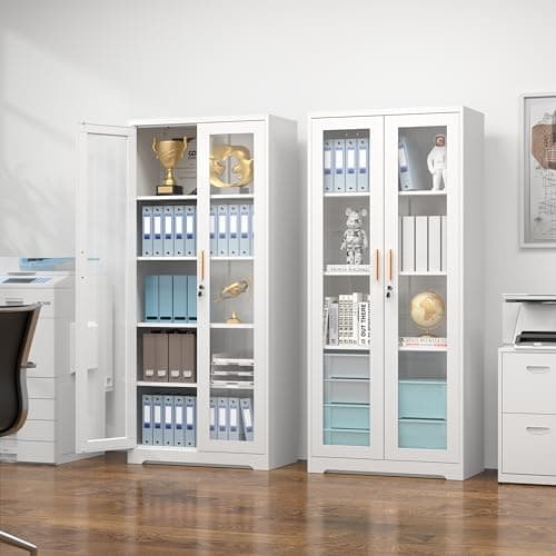 Polup Display Cabinet with Glass Doors, 71'' Tall Curio Cabinets with Lock, Metal Glass Display Case for Collectibles, Living Room, School, Commercial, White, Assemble Required 9