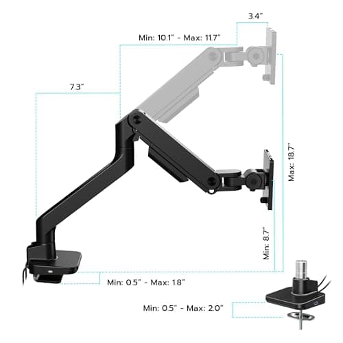 ARES WING Ultrawide Monitor Arm with USB A/C, for 17 to 49 inch Heavy Duty Screen, Holds 44 lbs, Adjustable Gas Spring Arm Desk Mount with Clamp and Grommet Base, Black 8