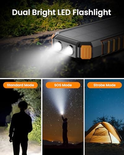 Hiluckey 27000mAh Power Bank Solar Charger Built in 3 Cables Five Outputs 15W Fast Charging Power Bank for All Mobile Devices External Battery Pack with Dual Flashlights for Cellphones, Tablets 6