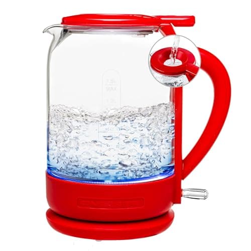 OVENTE Electric Kettle with 1.5L Borosilicate Glass, 1500W Fast Boiling Water Heater for Coffee or Tea, Easy to Fill Lid, Auto Shut-Off, Boil-Dry Protection & Stainless Steel Filter, Red KG516R