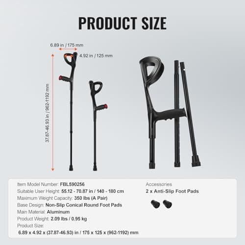 VEVOR Forearm Crutches for Adults, Folding Walking Forearm Crutches with 10-Level Adjustable Height, Lightweight Aluminum Medical Crutches with Open Cuff for Leg Injury Surgery Disabled, 1 Pair 350LBS 7