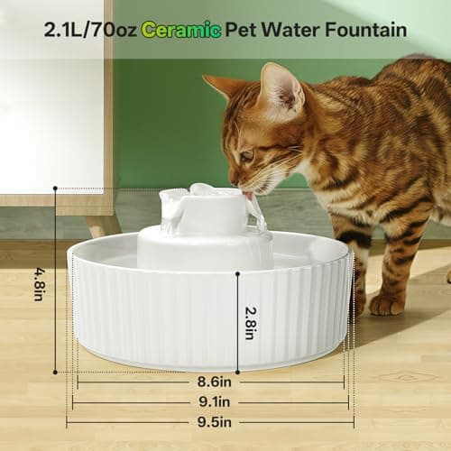 Ceramic Cat Water Fountain, 2.1L/70oz Porcelain Pet Drinking Dispenser with 4 Set Replacement Filter & Sponge, Automatic Dog Water Bowl with Ultra-Quiet Pump, Cat Feeding Watering Supplies(White) 8