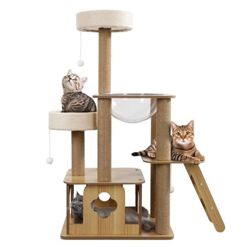 Sthdofrpaits Wooden Cat Tree for Indoor Cats, 43.5" Heavy Duty Cat Tower Multi-Level Cat Play Condo House Furniture with Scratching Post, Top Perch, Acrylic Space Capsule, for Large & Small Cat