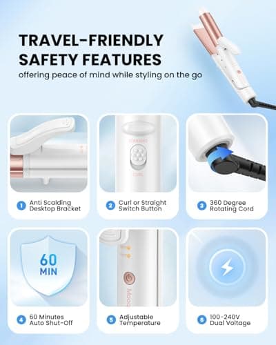 Mooqlizz Dual Voltage Curling Iron, Mini Travel Size Curling Iron for European, 1 1/4 Inch Ceramic Plates Hair Straightener with Adjustable Temperature, European Plug Included 6