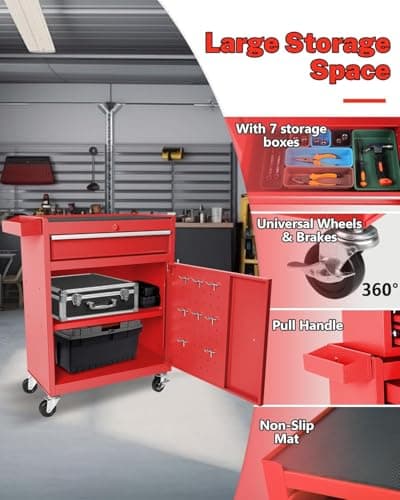 EliteEdge 5-Drawer Rolling Tool Chest, 2-in-1 Steel Tool Storage Chest with Locking Wheels & Anti-Slip Trays, Detachable Toolbox, Adjustable Shelves for Garage,Workshop,Home, Red 6