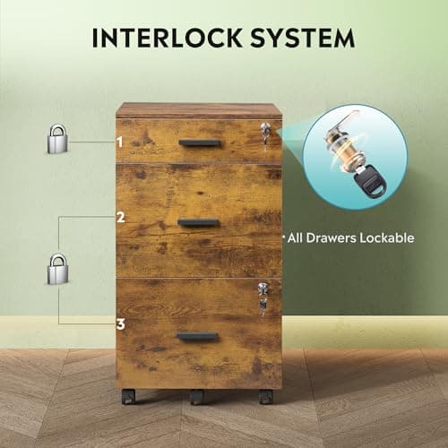 DEVAISE 3 Drawer Rolling File Cabinet with Lock, Wood Filing Cabinet fits Letter / A4 Size for Home Office, Rustic Brown 8