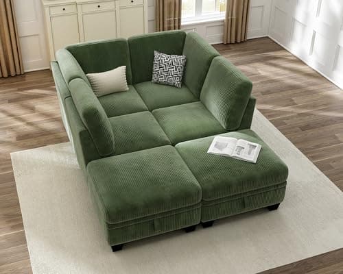CHIC HOUSE Corduroy Modular Sectional Couch with Ottoman Chaise, L/U Shaped Sleeper Sofa for Living Room, Apartment, Lounge, Modern Armrest Neck Support Furniture (6 Seater Compact Sleeper, Green)