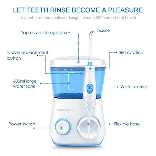 TUREWELL Water Flossing Oral Irrigator, 600ML Dental Cleaner 10 Adjustable Pressure, Electric Oral Flosser for Teeth/Braces, 8 Replacement Jet Tips for Family (White) 8