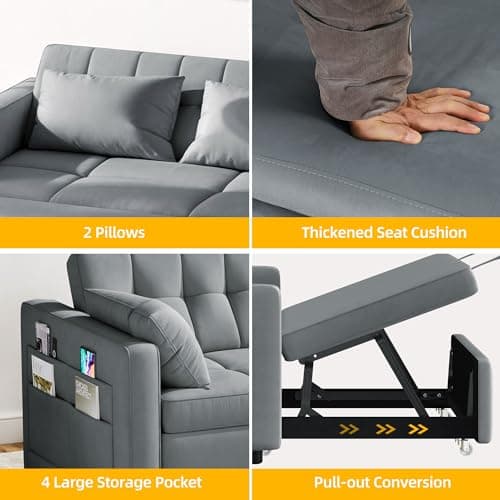 DWVO 55" Futon Couch, 3-in-1 Futon Sleeper with Pull-Out Bed, Convertible Sofa Bed with Adjustable Backrest and Side Pocket, Modern Loveseat Sleeper for Living Room, Grey Velvet, Full Size 5