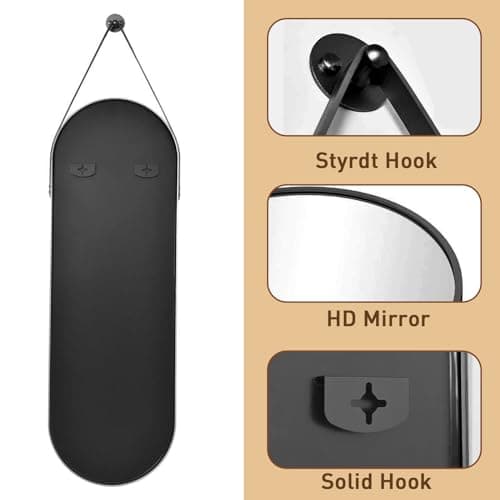 ZMYCZ Full Length Mirror, Oval Wall Mounted Mirror, 48"x16" Door Mirrors Full Length with Hanging Leather Strap with Aluminum Frame for Bathroom Living Room Entryway (Black) 5