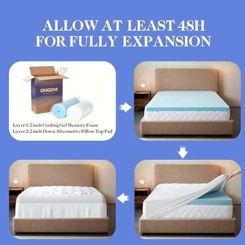 OhGeni Cooling 4 lnch Queen Size Dual Layer Mattress Topper, 2 Inch Gel Memory Foam, 2 Inch Soft Pillow Top Pad, Guest Bedroom Essentials Mattresses Cover, Extra Comfortable Sleep and Back Pain Relief 9