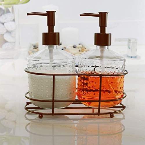 Circleware 32452 Vintage Soap Dispenser Bottle Pumps in Metal Caddy 3-Piece Set of Home Bathroom Accessories, Farmhouse Decor for Essential Oils, Lotions and Liquids, 17.5 oz, Bronze Hobnail