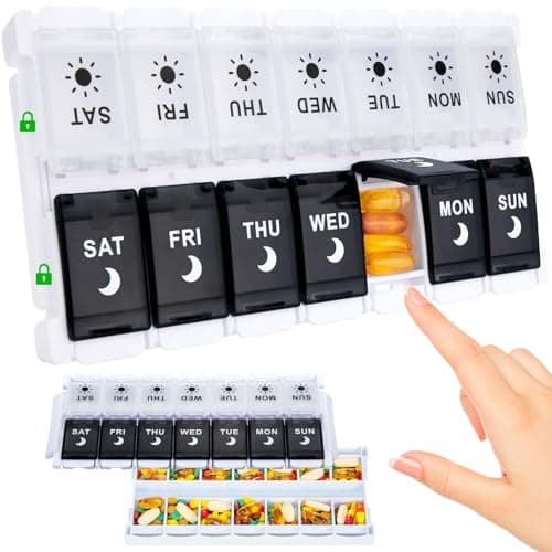 7 Day Pill Organizer 2 Times A Day-Weekly/Daily Pill Box/Holder, Am Pm Easy Fill & Push Button Case, 2 in 1 Design,Large Compartment, 14 Day for Fish Oil/Supplements