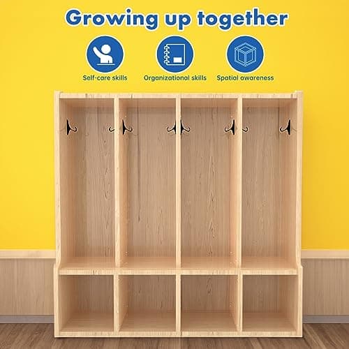 TONGMO Kid's Coat Locker with Bench - 4-Section Toddler-Sized Natural Kids Furniture for Organized Storage (4-Section) 7
