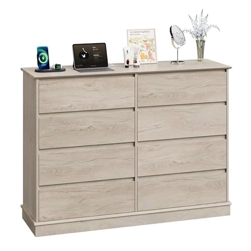 GarveeHome 8 Drawer Dressers for Bedroom, Chest of Drawers with Deep Drawers, Large Double Dresser for Closet with Wide Top, Horizontal Wooden Dresser for Living Room, Hallway, Kids Room, Oak 8