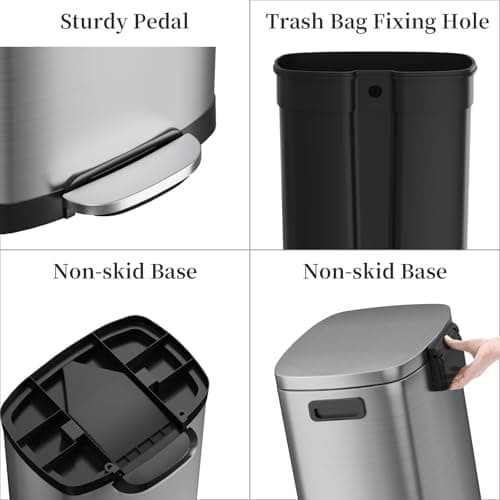 KdbK 13 Gallon Trash Can with Lid, 50L Fingerprint Proof Stainless Steel Kitchen Trash Can with Removable Inner Bucket and Lid Soft Close, Pedal Rubbish Bin for Home Office（Silver） 5