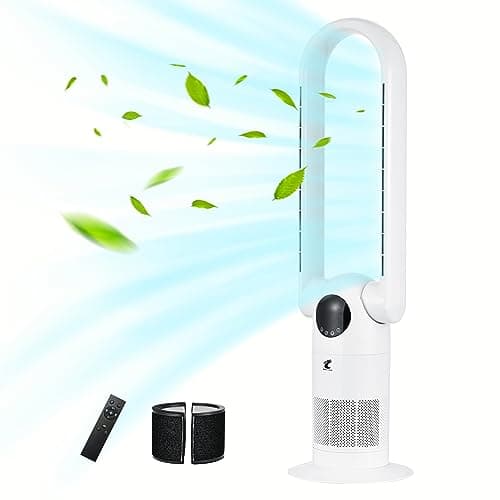 OceanLoong Bladeless Tower Fan and Air Purifier in one, 90° Oscillating Bladeless Fan with Remote,Tilt Head,Timer for Bedroom, 39Inch AC68P White