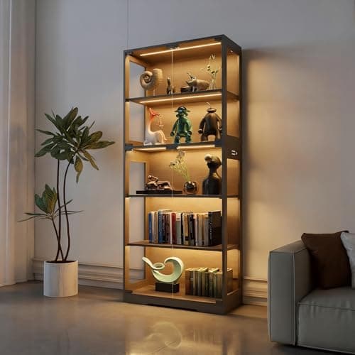 IUXPAM Display Cabinet with Glass Doors, 5-Tier 65" Glass Display Cabinet with LED 3-Color Lights & Human Body Sensor, Curio Cabinet with Textured Wood Shelves for Collectibles(Black Wood Frame