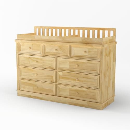 Homsee Baby Changing Table Dresser, 100% Solid Wood Infant Diaper Changing Station Combo, 9-Drawer Baby Nursery Dresser with Removable Tray for Children's Room Bedroom, Nature Color 55.1"W 11