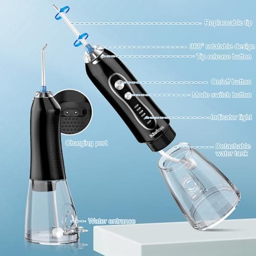 H2ofloss Water Dental Flosser Teeth Pick -Portable Oral Irrigator with 5 Modes, Rechargeable IPX7 Waterproof Orthodontic Teeth Cleaner Pick Cordless for Home Travel-300ml Water Tank 7