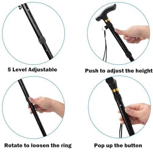 Comfkey Folding Lightweight Walking Stick - Adjustable Aluminum Metal Collapsible Travel Cane with Non-Slip Rubber Base (Black) 6