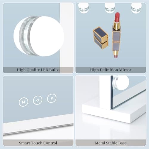 NUSVAN Vanity Mirror with Lights Lighted Makeup Mirror with 15 Dimmable LED Bulbs,3 Color Lighting Modes,USB Charging Port Touch Control,Sturdy Metal Frame Design,White 6