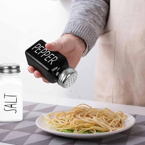 2 Pack Salt and Pepper Shakers Set, Glass Shaker with Stainless Steel Lid, Modern and Cute Farmhouse (Black and White) 7