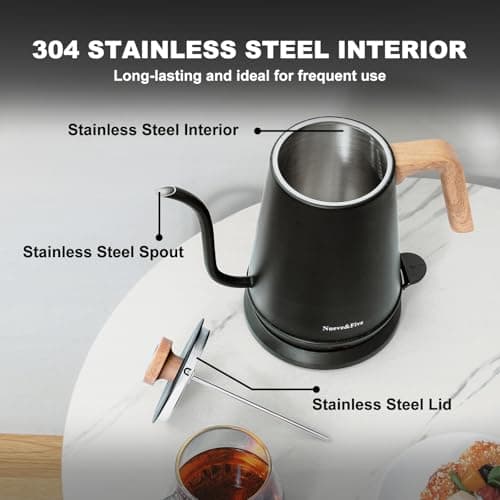 Nueve&Five Gooseneck Electric Kettle with Thermometer， Black Electric Kettle 1L with Auto Shut-Off，1000W Hot Water Kettle of Stainless Steel， Pour Over Kettle for Coffee & Tea 6
