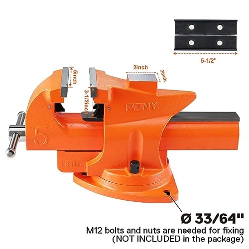PONY Heavy Duty Bench Vise, 5-inch Jaw Width 7-inch Jaw Opening, 360-Degree Swivel Base with Anvil, Utility Combination Pipe Home Vise for Woodworking, One-Pair Vise Jaw Pad Included 5