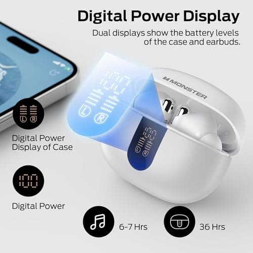 Monster N-Lite 211 Wireless Earbuds, Bluetooth 6.0 Headphones, Powerful Bass, Built-in Noise-Cancelling Mic for Clear Calls, LED Display, 36H, IPX5 Waterproof Design 5