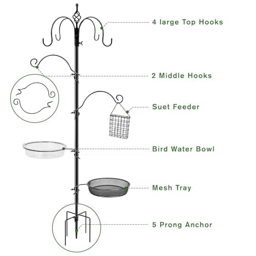 Kodope Bird Feeding Station, 90.55in 6-Hook Wild Bird Feeder Stand Pole with Water & Mesh Tray Humming Bird Feeders for Outdoors Easy Assembly for Courtyards Gardens (Black) 6