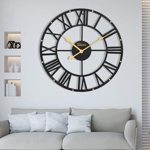 Tulivios Black 16 inch Wall Clock for Living Room Decor,Metal Modern Roman Numeral Clock DIY Without Second Hand, Indoor Outdoor Battery Operated for Bedroom, Kitchen, Office Decor
