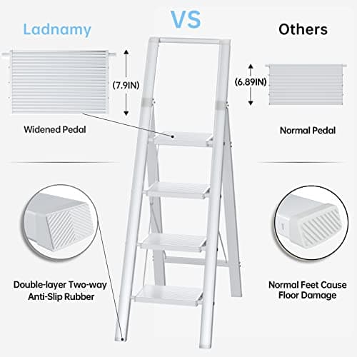 Step Ladder Folding Step Stool - Lightweight Aluminium Ladders W/Anti-Slip Wide Pedal&Handle for Adults&Seniors, Perfect for Home Kitchen Garden Safety Decorative Ladder, Silver 4