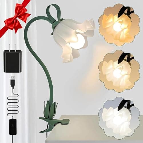 ONXE Clip On Light and Flower Desk Lamp, Flexible Gooseneck Reading Book Light with 3 Color Modes Cute Table Lamp Decor, Clip on Bedside Lamp for Bed Headboard,Table, Nursery,Dorm (Green-02)