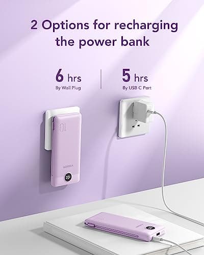 VEGER Portable Charger with Built-in AC Plug and Cables, All in One 10000mAh Ultra Slim Power Bank Travel Essentials, Fast Charging Battery Pack Compatible with iPhone, Samsung, Android (Purple) 5