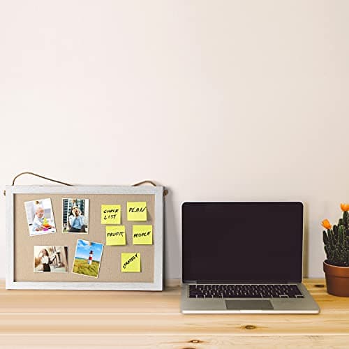Miratino 2-Pack Cork Board with Linen 16x11 inch Bulletin Board Office Decor Hanging Pin Wood Framed Display Picture Vision Board Light for Wall School Office Bedroom 20-Pushpin Vintage White 9