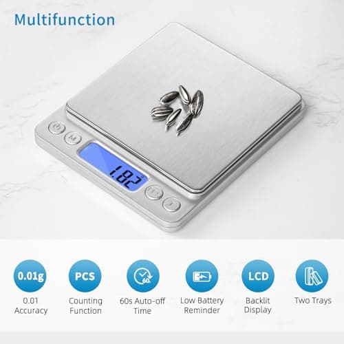Toprime Digital Gram Scale 500g 0.01g Food Scale High Precision Kitchen Scale Multifunctional Stainless Steel Pocket Scale with Back-Lit LCD Display Tare PCS Features Silver 5