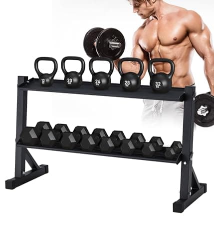 RUNFREELY 48" Kettlebell Storage Rack, 2-Tier Dumbbell and Kettlebell Rack for Home Gym, 1000LBS Weights Storage for Free Weights, Dumbbells, Kettlebells and Medicine Ball