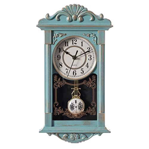 Clockswise Vintage Grandfather-Style Wall Clock with Wood-Effect Plastic Pendulum Battery-Operated for Home Decor Living Room Home Office Kitchen or Dining Room (Blue, 16 Inch)