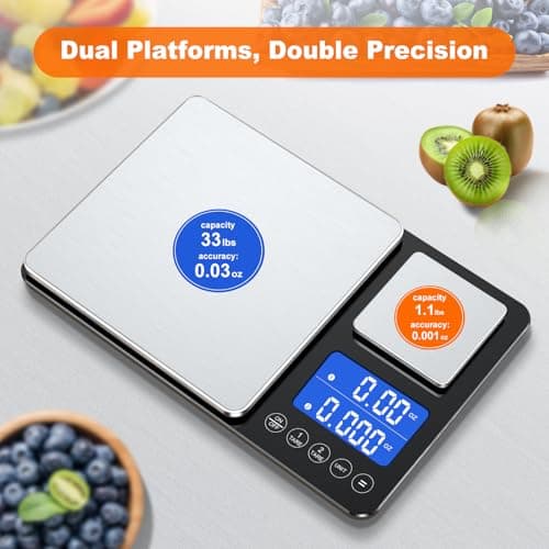 KUAIVO 0.001oz/33lbs Dual Platform Food Kitchen Scales Digital Weight Grams and Ounces, Two Precisions Kitchen Scale for Sourdough Bread, Baking and Cooking with 7 Units Tare, Accumulation Functions 9