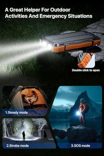 Solar Power Bank 49800mAh Wireless Portable Charger with USB-C 15W Fast Charging with 4 Built-in Cables LED Flashlight Battery Pack Compatible with iPhone, iPad, Smartphone,Perfect for Camping, Hiking 6