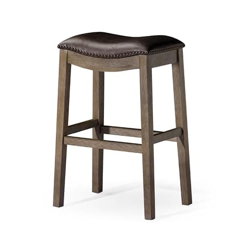 Maven Lane Backless 31 Inch Alex Bar Stool for Kitchen Island, Bar Height Stool with Cushion, Wood Kitchen Bar Stool, Nailhead Trim, Walnut Wood, Marksman Saddle Vegan Leather Seat