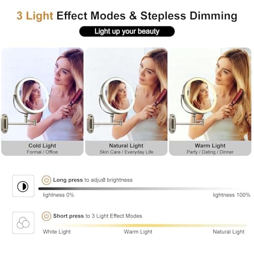 IMIKONA 9" Wall Mounted Lighted Makeup Mirror,4000mAh Rechargeable Double Sided 1X/10X Magnifying Mirror with Light,3 Color Lights,Touch Dimmable,Extended Arm 360 Rotation Wall Mounted Makeup Mirror 5