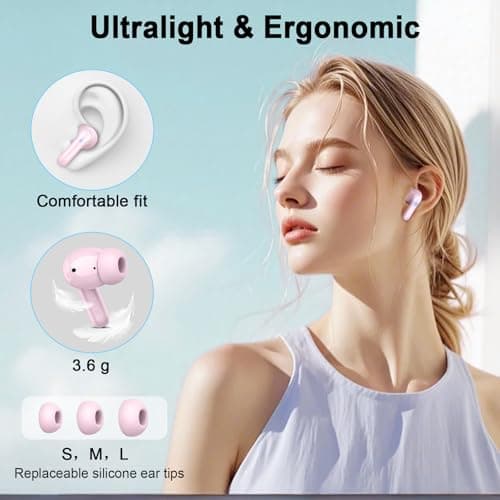 Wireless Earbuds, 2025 Bluetooth 5.4 Headphone 3D Bass Hi-Fi Stereo Ear Buds, 4 ENC Noise Cancelling Mic, 40H 3g USB-C in-Ear Earphone, IP7 Waterproof Workout Sport for Laptop Pad Android iOS, Pink 5