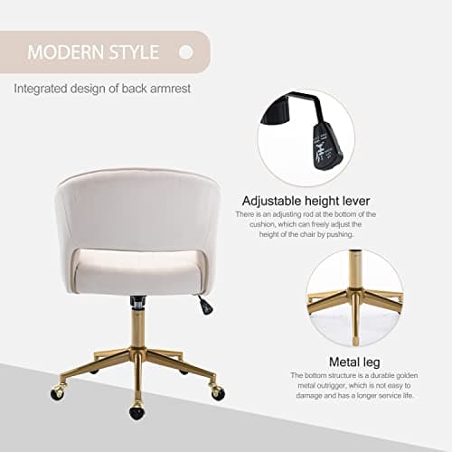 Nrizc Velvet Office Desk Chair, Upholstered Home Office Desk Chairs with Adjustable Swivel Wheels, Ergonomic Office Chair for Living Room, Bedroom, Office, Vanity Study (Beige) 5